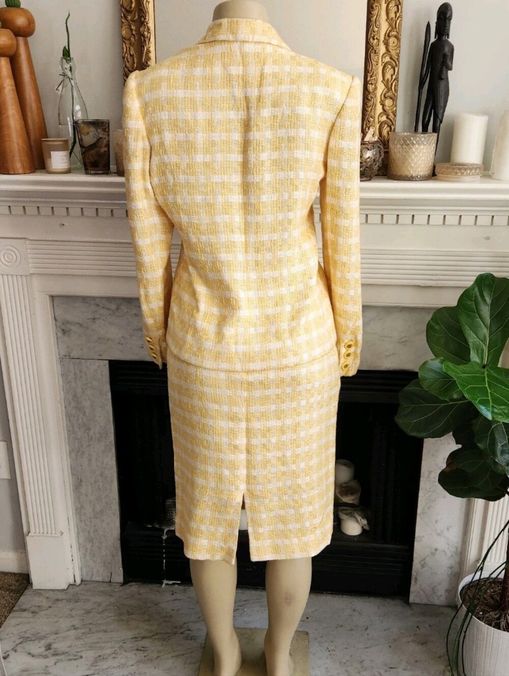 Vintage 90s Yellow White Skirt Suit Size 6 Boucle Tweed Pastel Coastal Grandma - Picture 4 of 8